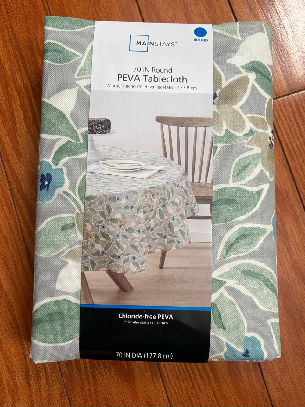 Mainstays Green and Cream Floral PEVA Round Tablecloth
